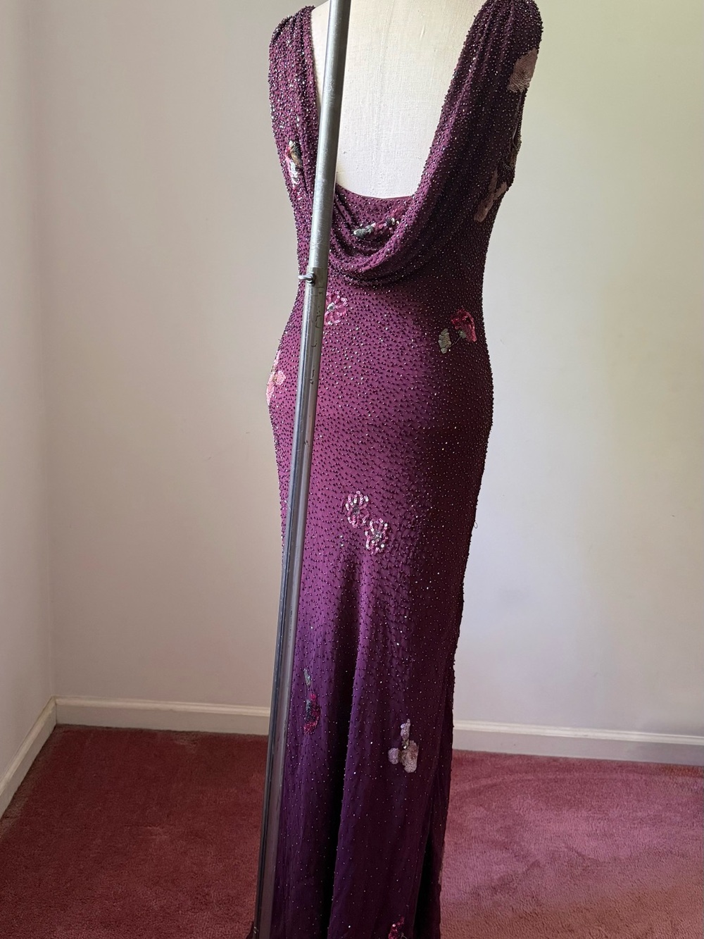 Sue Wong Embellished Burgundy Maxi Dress with Floral Beading - Picture 2 of 4